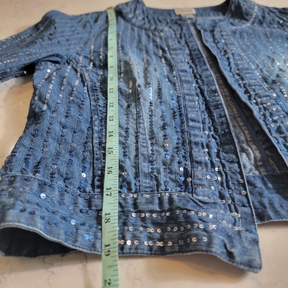 Chico's 100%cotton all sequins open front blue jean jacket size 1 Medium - Picture 11 of 16